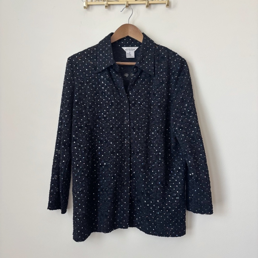 Misook Black Lace Sequin Button Front Shirt Large Work to Weekend
